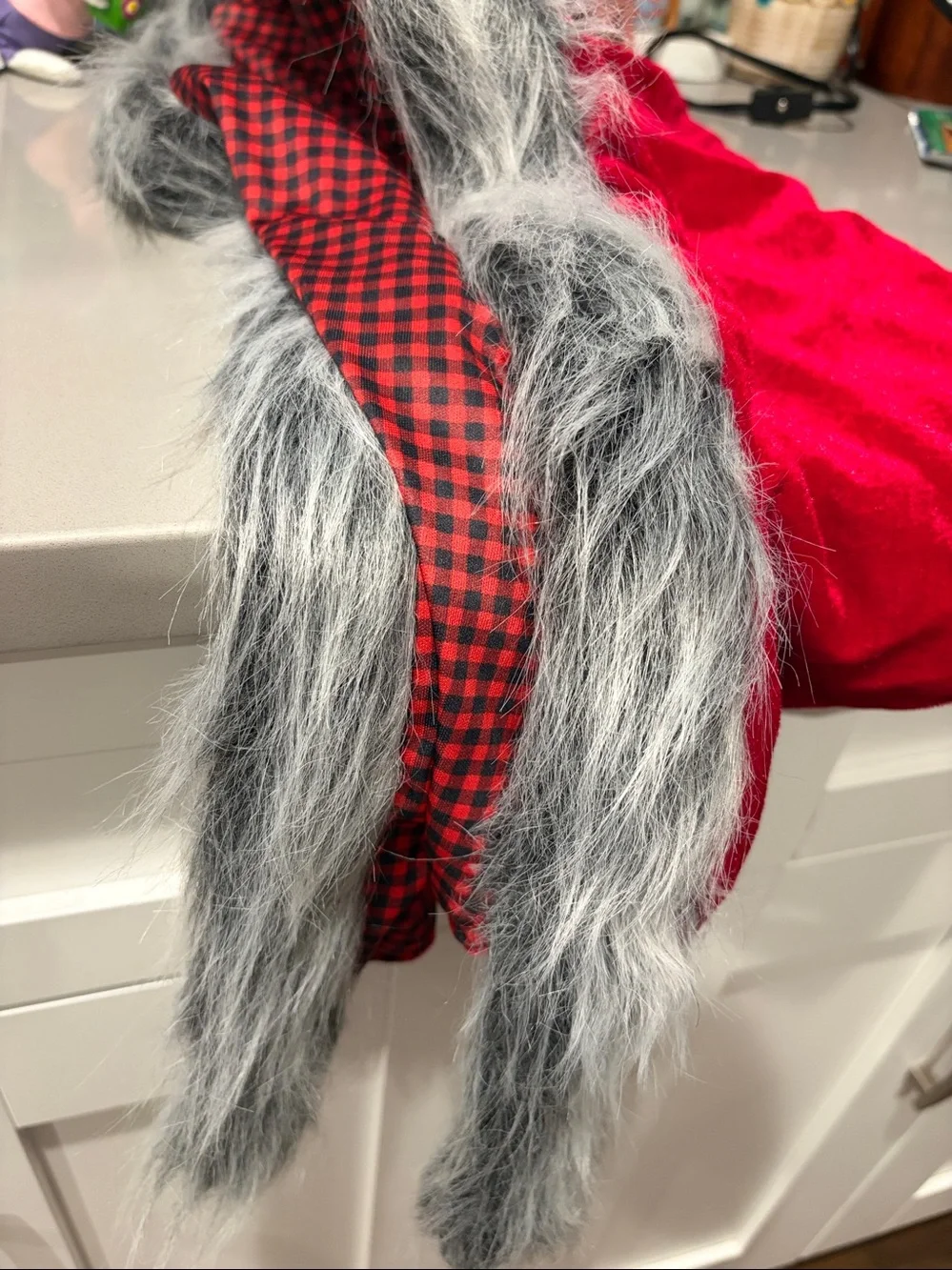 Spirit Red and Black Buffalo Plaid Wolf Hood with Gray Faux Fur Trim - Picture 5 of 5